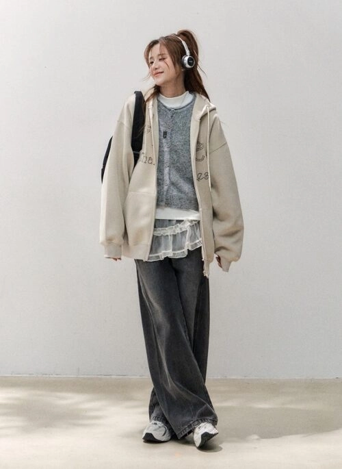 Relaxed Style Rhinestone Letter Hoodie Cardigan
