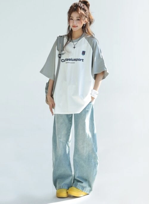 Retro Colorblock Raglan Sleeve Loose Fit T Shirt