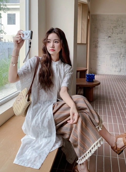 Retro Striped Fringe Shirt And Wide Leg Pants Set