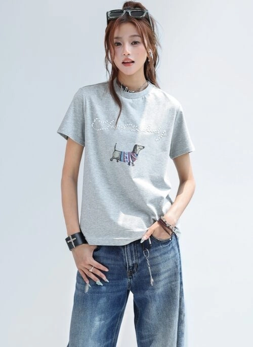 Rhinestone Dachshund Shoulder Short Sleeve Fashion Top