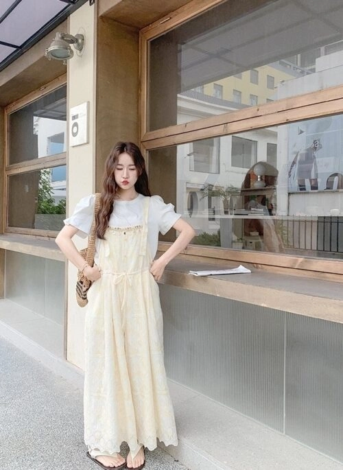 Romantic Lace Embroidered Shell Trim Overalls