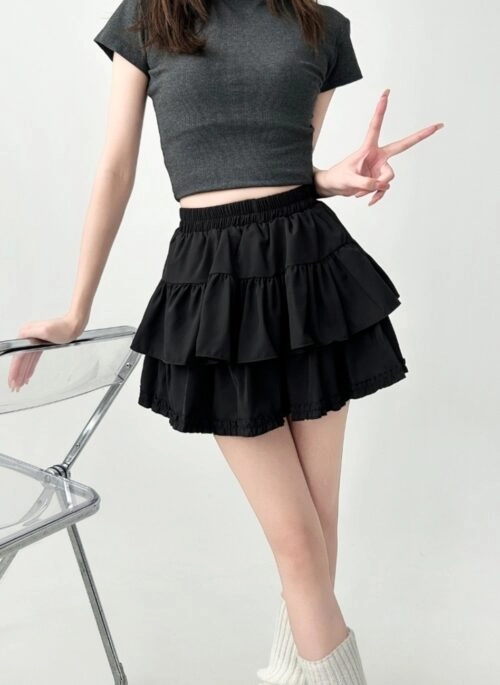 Ruffled A Line Layered Black Skirt