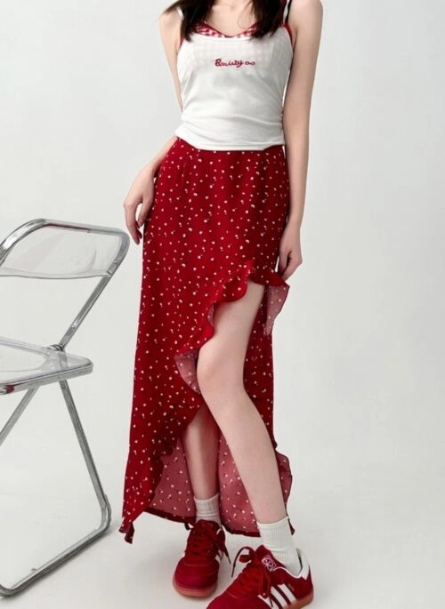 Ruffled Floral Asymmetrical Midi Skirt