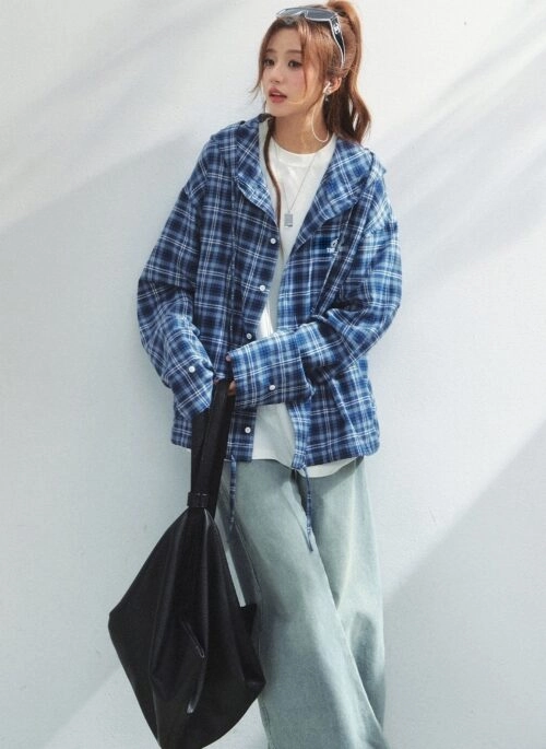 Seaside Holiday Cotton Plaid Hooded Shirt Jacket