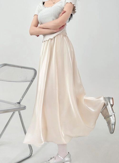 Shimmer Satin Floral Midi Skirt Flowing A Line