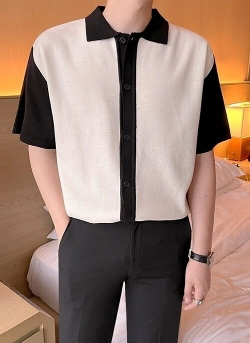 Short Sleeve Knit Cardigan Casual Color Block