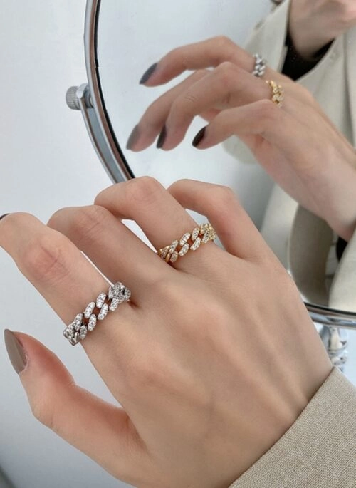 Silver Rhinestones Chain Ring | Junkyu – Treasure