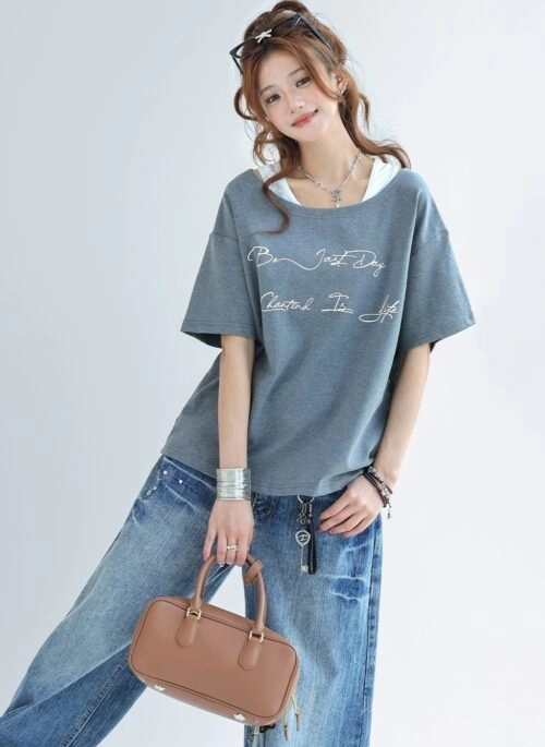 Slouchy Letter Print Off Shoulder Relaxed Fit Tee