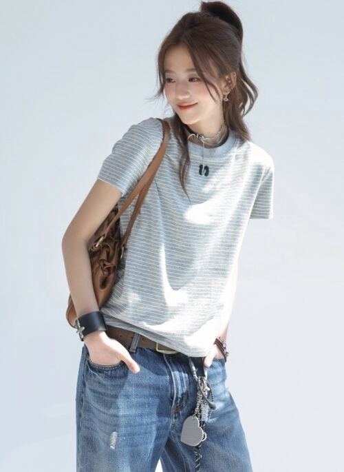 Striped Embroidered Letter Short Sleeve Chic Top