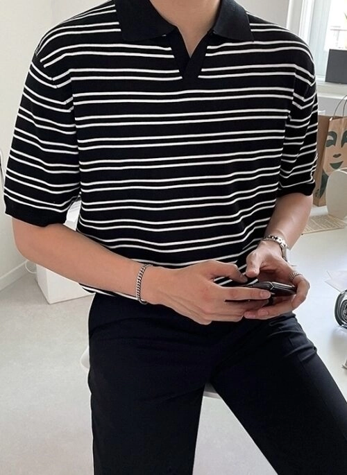 Striped Knit Polo Shirt Vintage Style