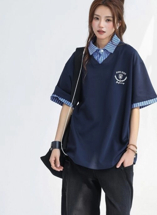 Striped Patchwork Polo Collar Short Sleeve Top