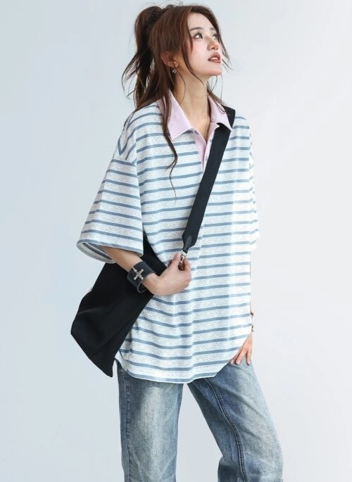 Striped Patchwork Polo Shirt Casual Relaxed Fit Top