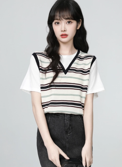 Striped Patchwork Short Sleeve Casual College Style Top