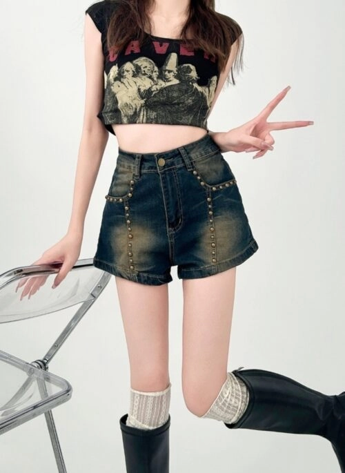 Studded Denim Shorts Trendy Slim Casual Hot Pants