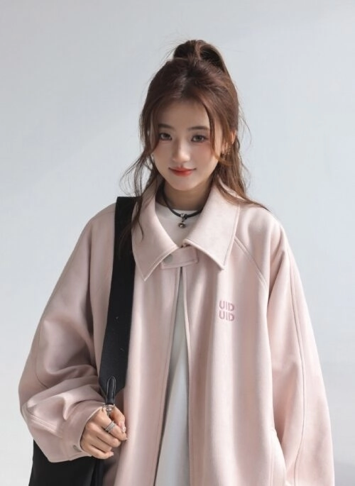 Suede Embroidered Letter Chic Pink Jacket