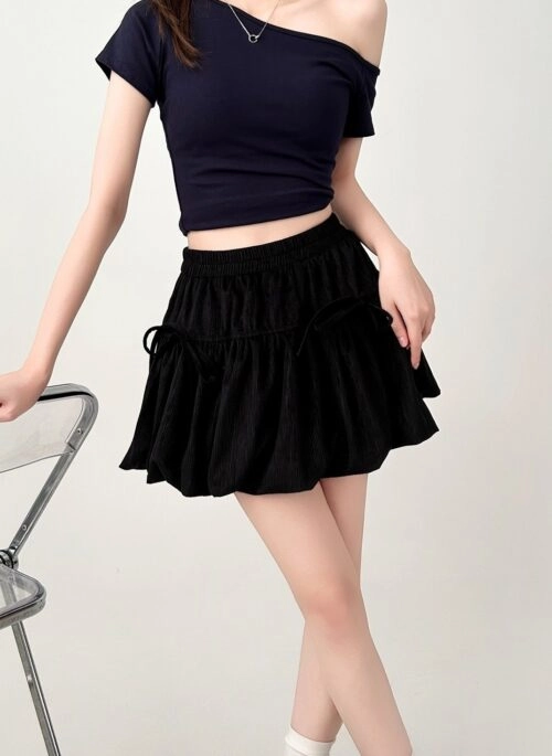 Sweet Bow Flare Mini Skirt Black