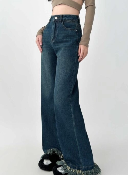 Trendy Fringe Hem Wide Leg Denim Pants