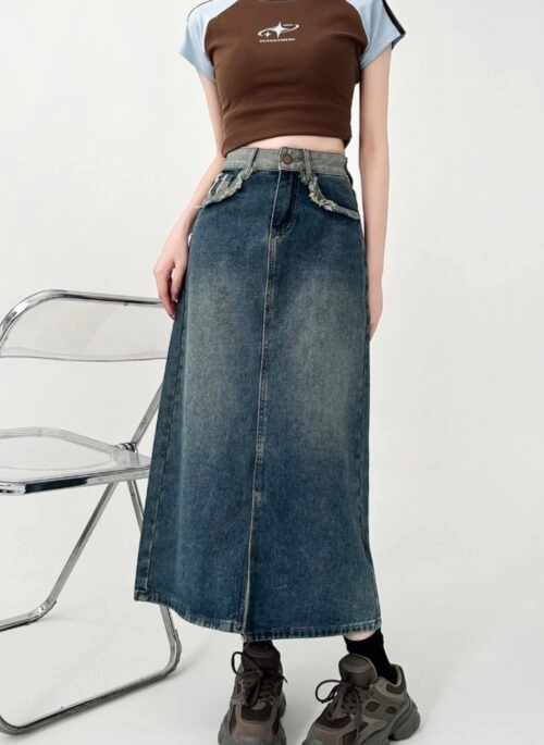 Vintage A Line Denim Midi Skirt Slimming Design