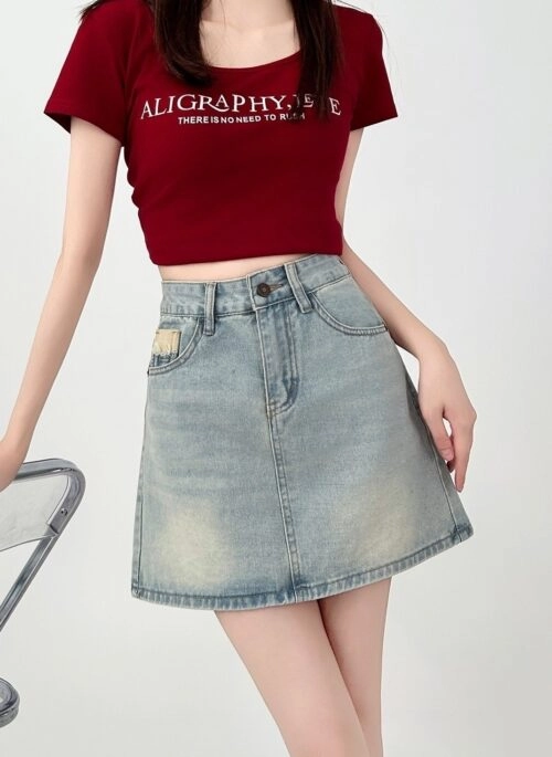 Vintage Blue High Waist Denim Skirt Plus Size