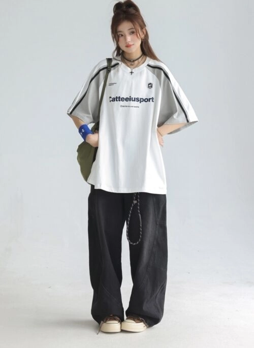 Vintage Cotton Raglan Sleeve Colorblock Letter Tee