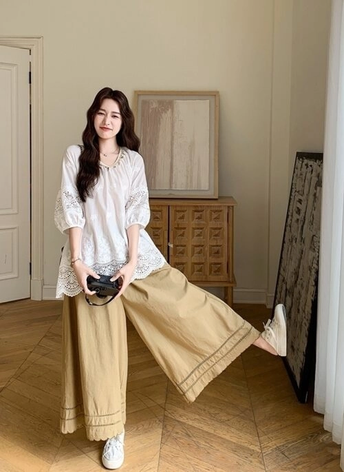 Vintage Embroidered Loose Shirt And Wide Leg Pants Set