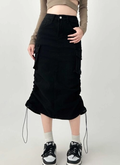 Vintage High Waist Black Denim Midi Skirt