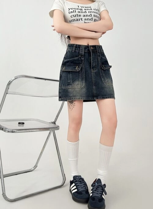 Vintage High Waist Denim Pocket A Line Skirt