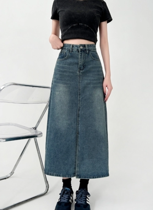 Vintage High Waist Denim Split A Line Skirt