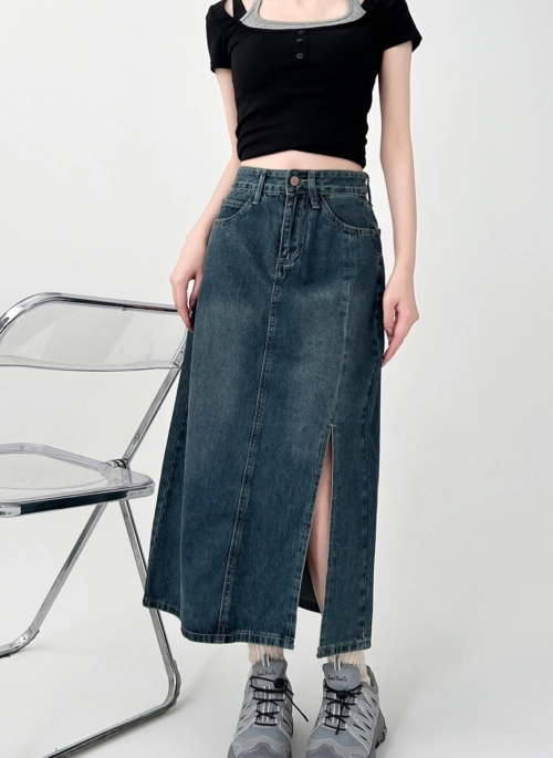 Vintage High Waist Denim Split Maxi Skirt