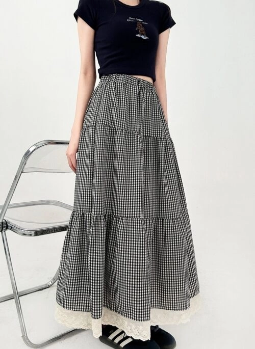 Vintage Lace Patchwork Plaid Maxi Skirt