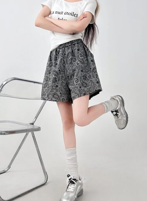 Vintage Paisley Casual Grey Wide Leg Shorts