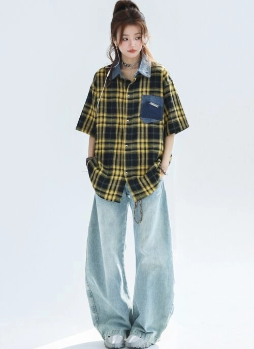 Vintage Plaid Denim Patchwork Short Sleeve Shirt