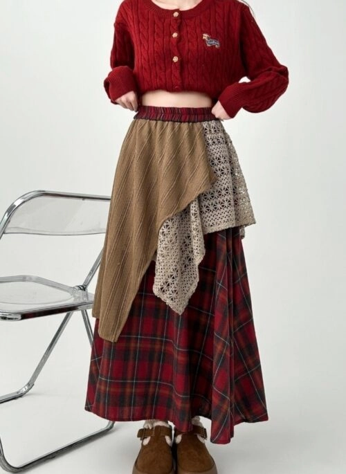 Vintage Plaid Lace Patchwork Irregular Midi Skirt