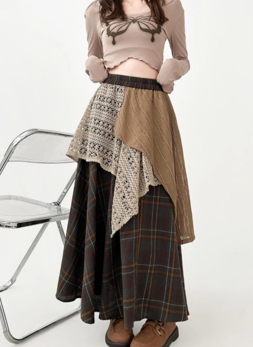 Vintage Plaid Lace Patchwork Midi Skirt