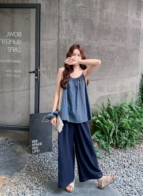 Vintage Plaid Tank Top And Wide Leg Pants Set