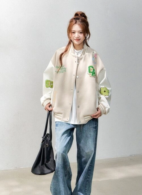 Vintage Pu Patchwork Baseball Jacket Casual Short Style