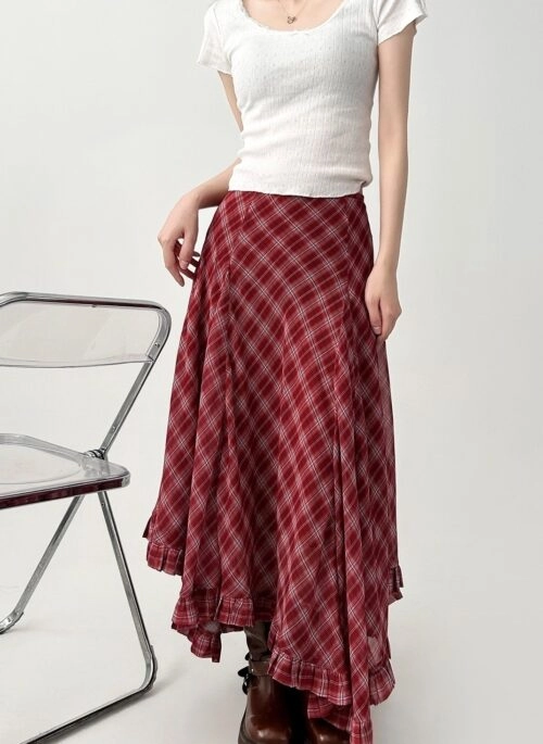 Vintage Red Plaid Ruffle Midi Skirt
