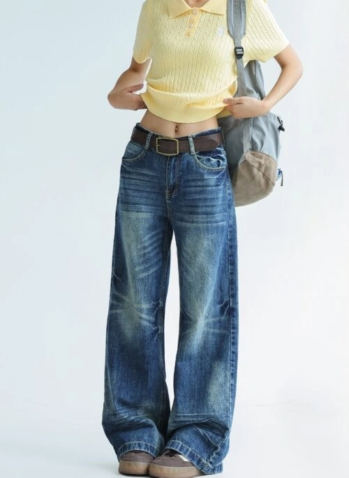 Vintage Wash Straight Leg Wide Jeans
