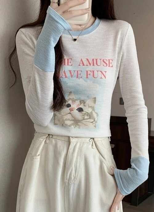 White Cat Print Long Sleeves T-Shirt | Seulgi – Red Velvet