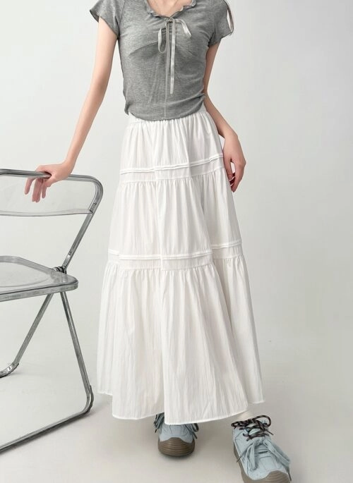 White Elegant Midi Cake Skirt Flowy Slim Fit
