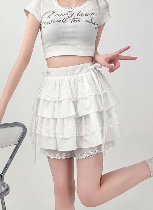 White Lace High Waist A Line Skirt