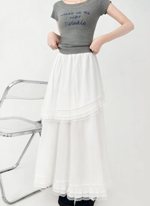 White Lace High Waist Flowy Layered Skirt