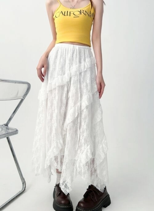 White Lace Layered Midi Skirt Irregular Hem