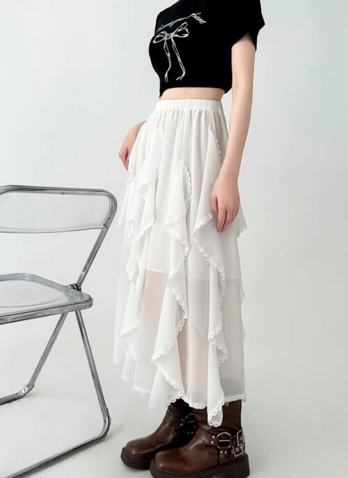 White Lace Midi Skirt Flowy Irregular Hem
