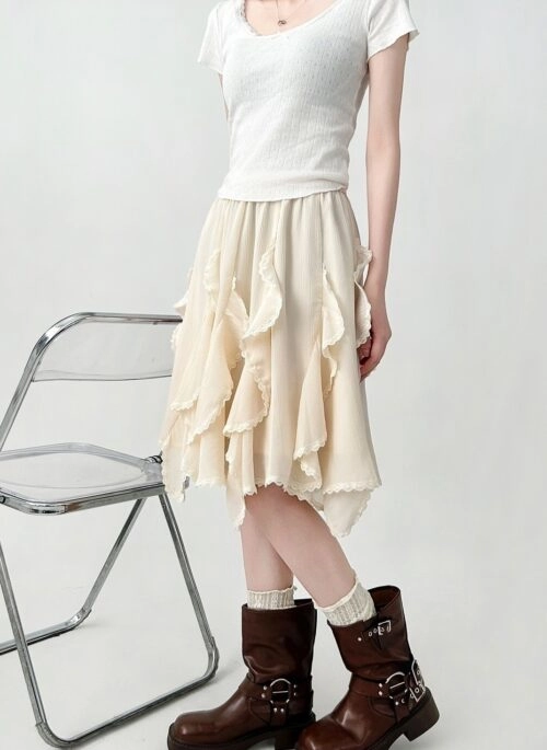 White Lace Patchwork High Waist Irregular Skirt
