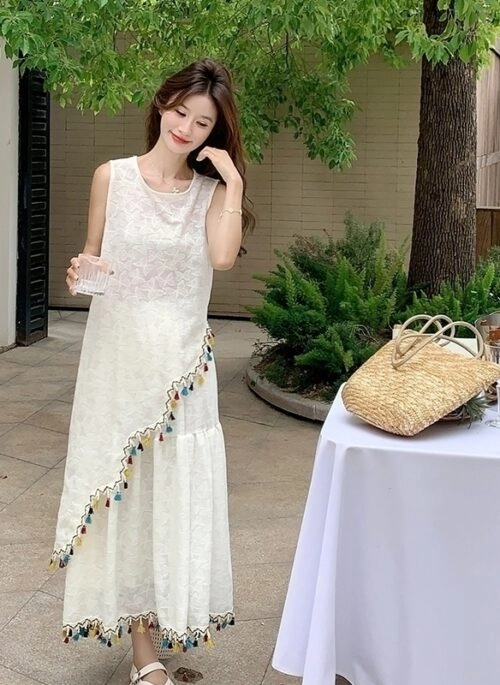 Beige Lace Tassel Cover Up Vacation Skirt Set