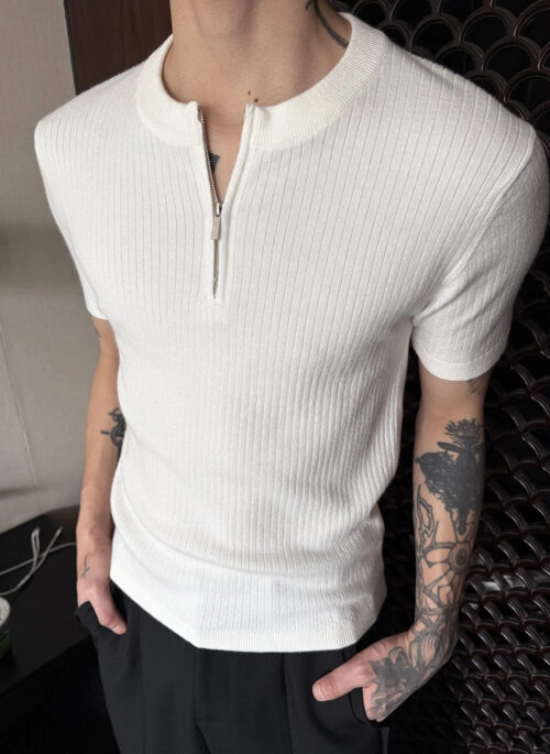 White Ribbed Half-Zip Knit Polo Shirt | Kihyun - MONSTA X