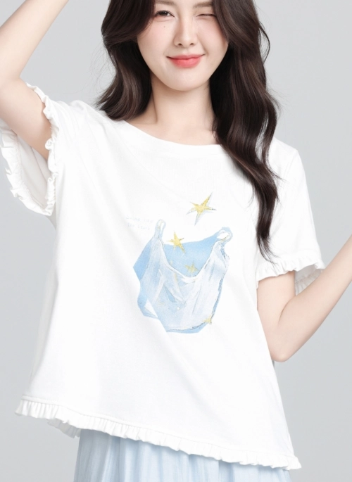 White Ruffle Sleeve Loose Fit Printed T Shirt