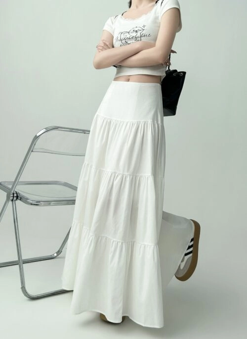 White Ruffled Flared Midi Skirt For Curvy Shape