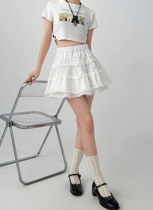 White Ruffled High Waist A Line Skirt